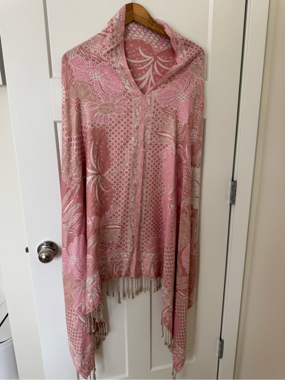 Pink Floral Fringe Shawl Poncho Tunic